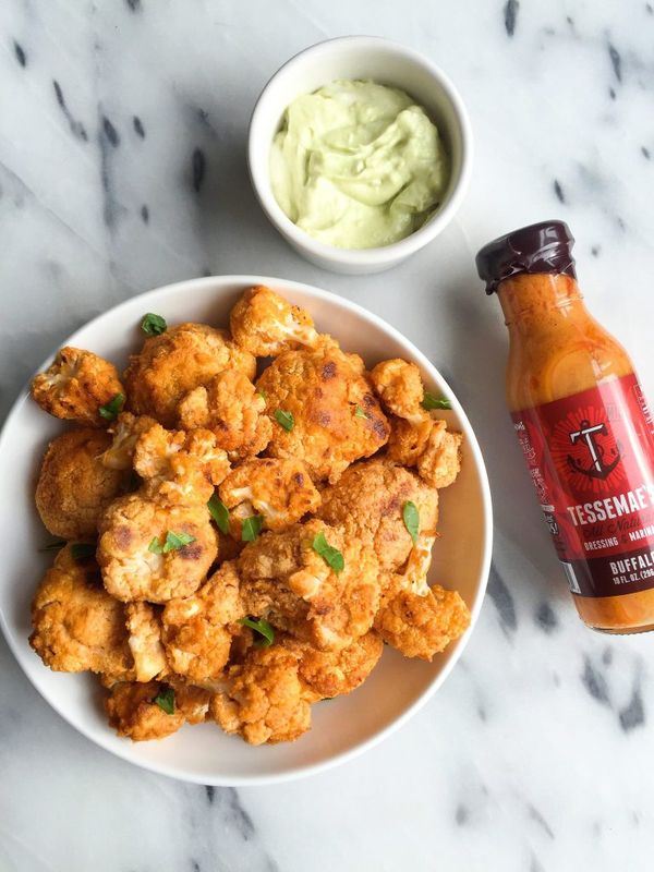 Crispy Baked Buffalo Cauliflower Wings with Avocado Cilantro Dip