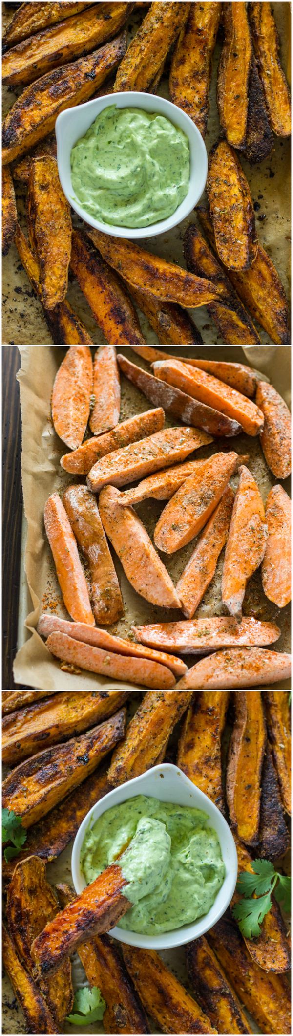 Crispy Baked Sweet Potato Wedges with Avocado Cilantro Dip