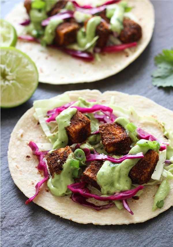 Crispy Blackened Tofu Tacos with Avocado-Lime Crema