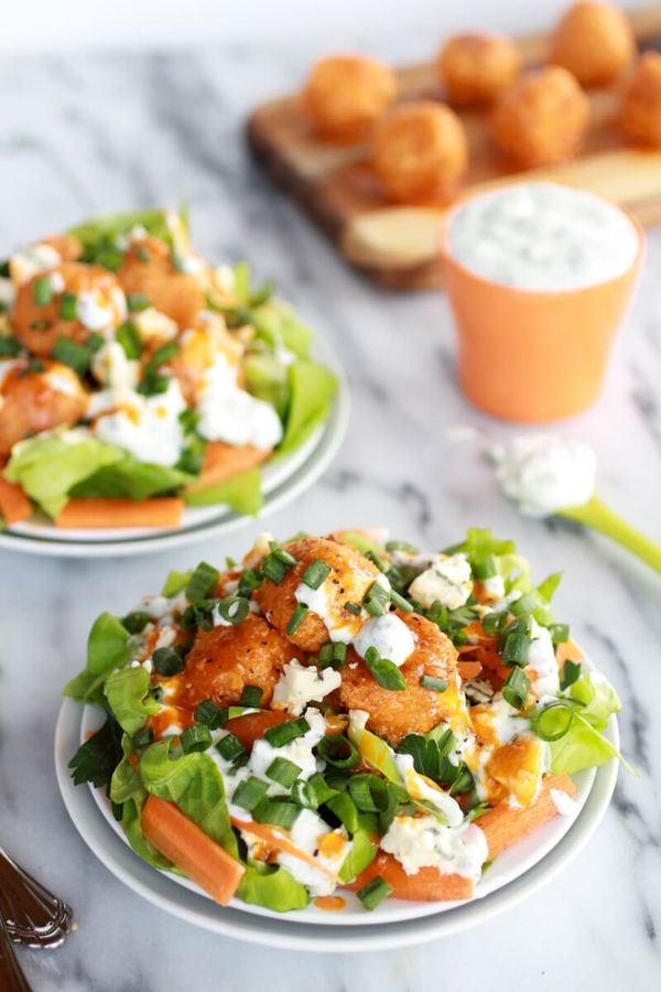 Crispy Buffalo Quinoa Bites Salad with Cheesy Ranch