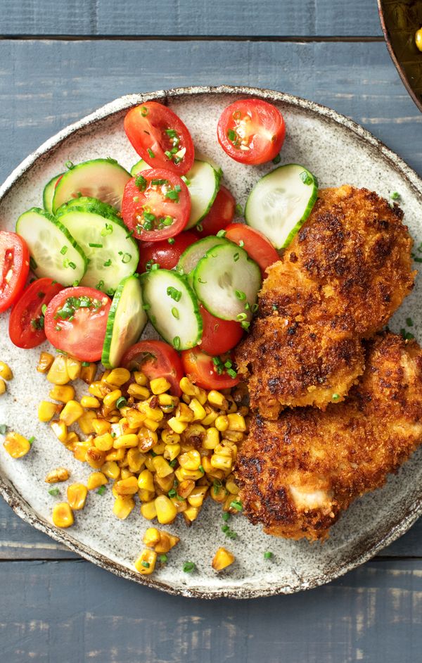 Crispy Chicken with Brown-Butter Corn and Cucumber Tomato Salad