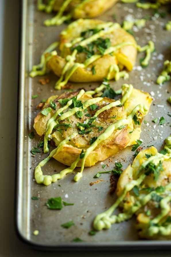 Crispy Smashed Potatoes with Avocado Garlic Aioli