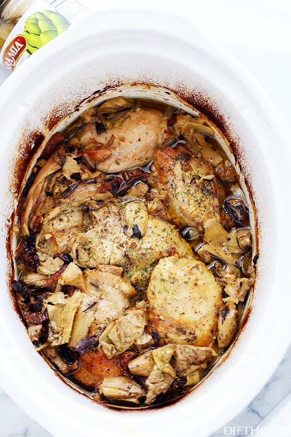 Crock Pot Chicken Thighs with Artichokes and Sun-Dried Tomatoes