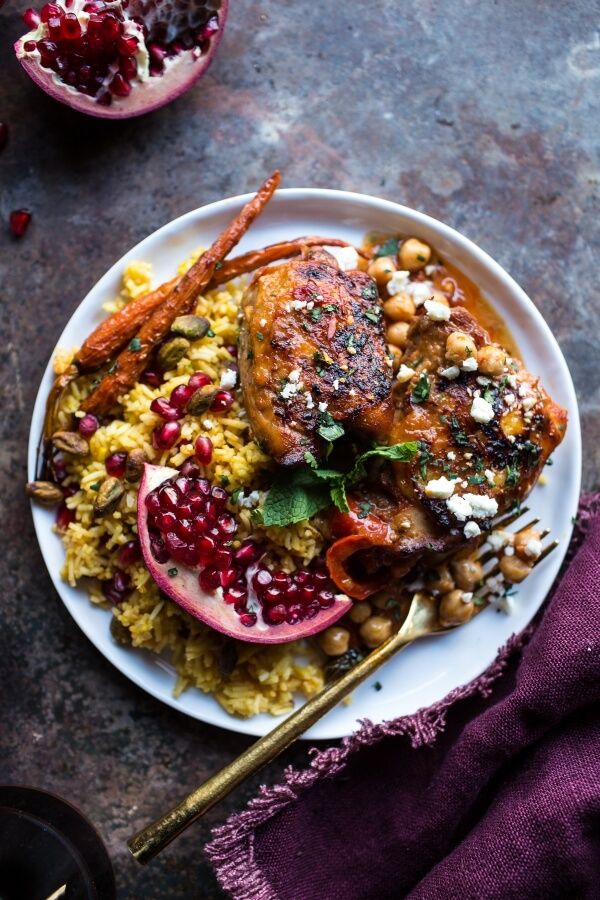 Crockpot Honey Harissa Chicken with Chickpeas, Feta and Jeweled Pomegranate Rice