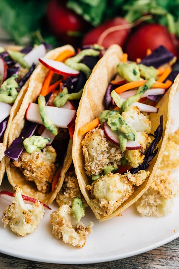 Crunchy Cauliflower Tacos w/ Avocado-Lime Sauce (Vegan