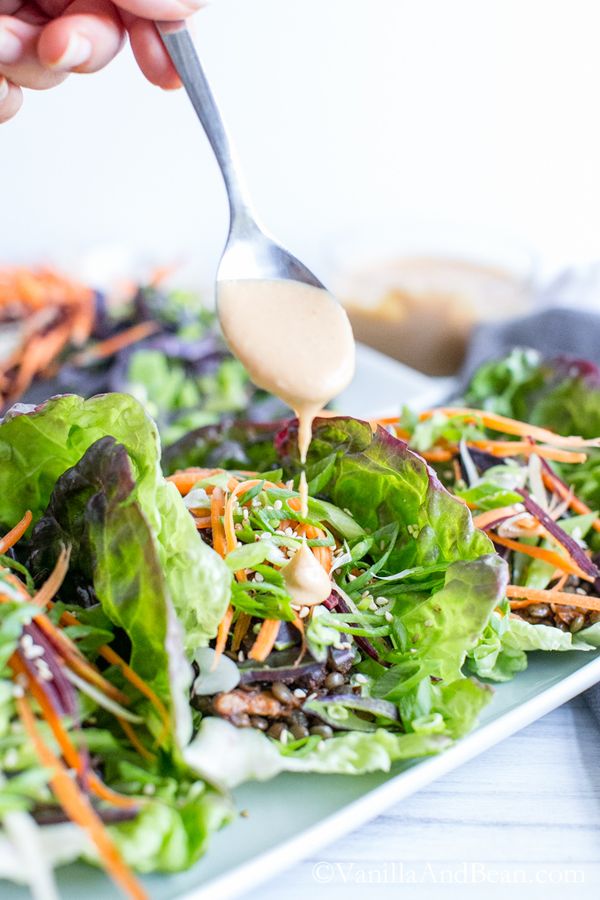 Curried Lentil Lettuce Wraps with Miso Sriracha Peanut Sauce