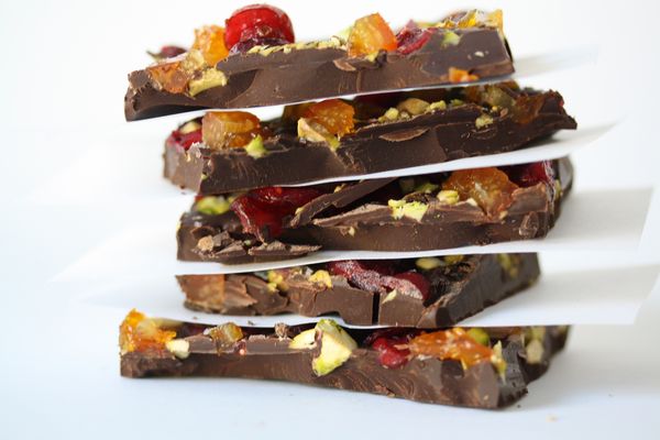 Dark Chocolate Bark with Candied Orange Peel, Pistachios and Dried Cranberries