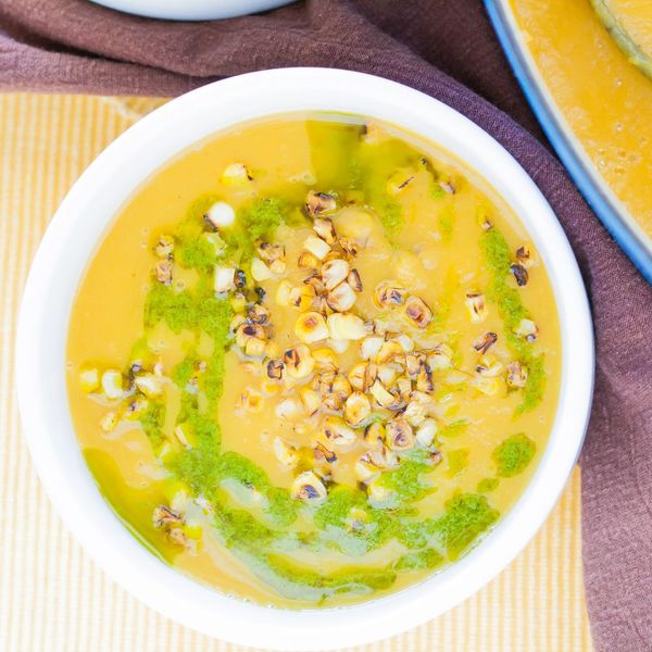 Delicata Squash Soup with Charred Corn and Cilantro Oil