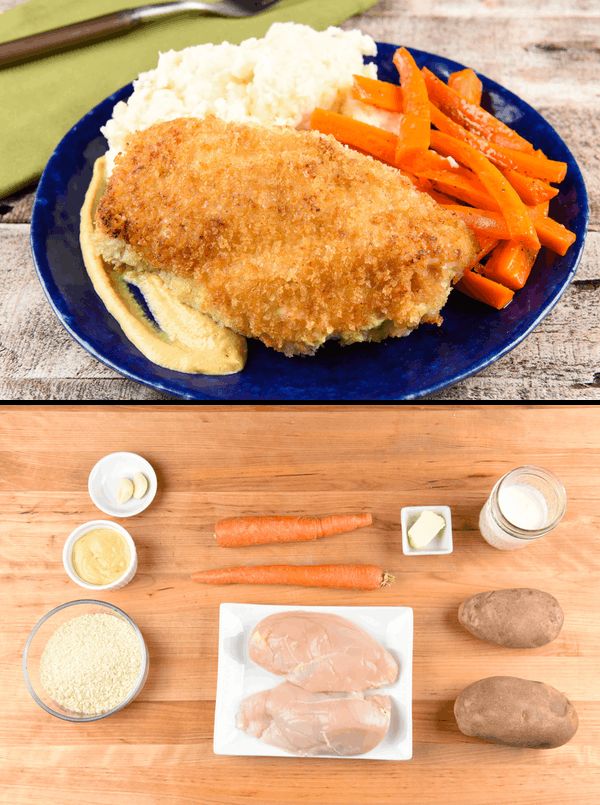 Dijon and Panko-Crusted Chicken with roasted carrots and garlic mashed potatoes