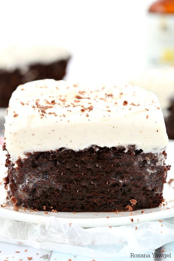 Double chocolate poke cake with vanilla bean frosting