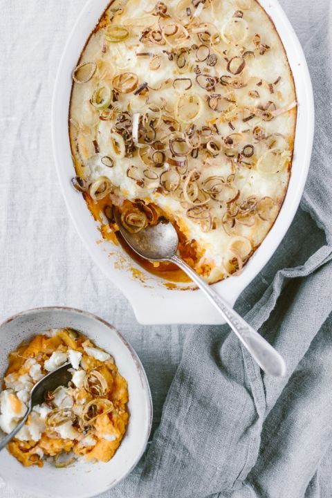 Double Layered Mashed Potato Casserole with Crispy Leeks