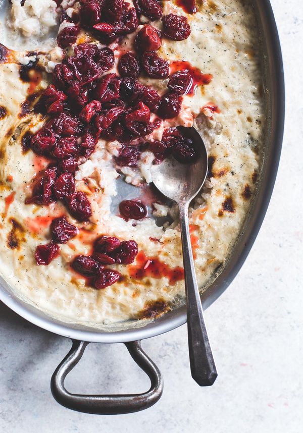 Effortless Vanilla Bean Rice Pudding with Saucy Tart Cherries