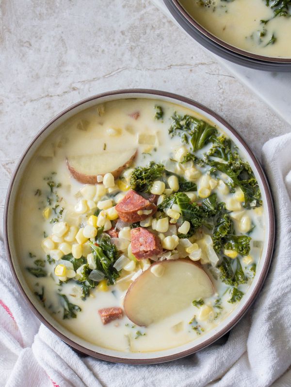 End-of-Summer Kale & Potato Soup with Corn & Chorizo