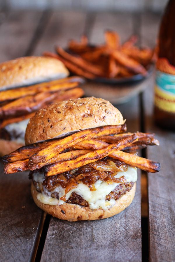 Epic Crispy Quinoa Burgers Topped with Sweet Potato Fries, Beer Caramelized Onions + Gruyere