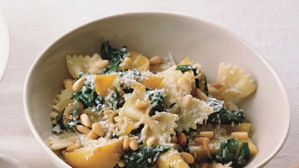 Farfalle with Golden Beets, Beet Greens, and Pine Nuts