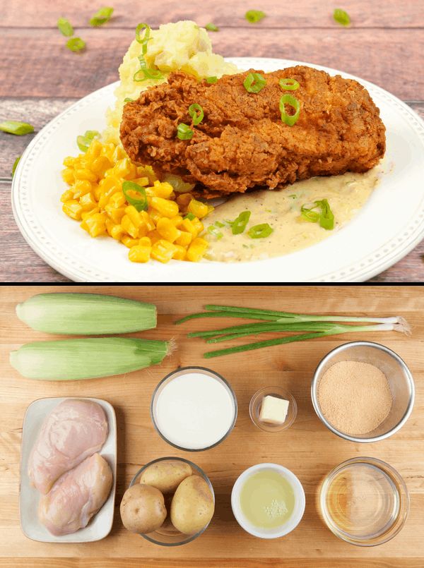 Farmhouse Fried Chicken with mashed potatoes, green onion gravy, and corn