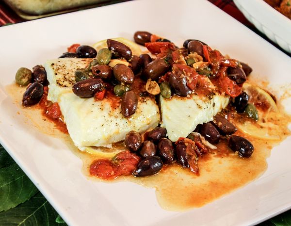 Feast of the Seven Fishes: Baked Halibut with Cherry Tomatoes, Kalamata Olives and Caper Berries (Day Six