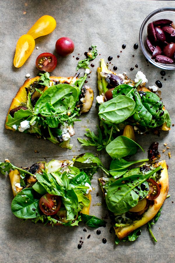 Flatbread Salad Pizza with Pesto, Shaved Asparagus, Mushrooms and Feta