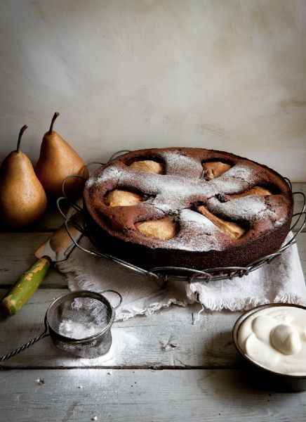 Flourless chocolate cake with pear, macadamia and creme chantilly