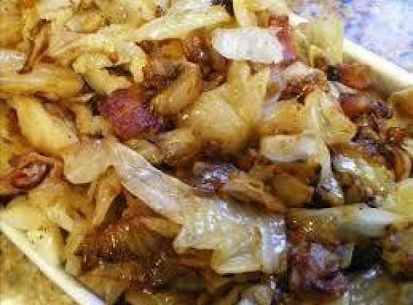 Fried cabbage with bacon and onion