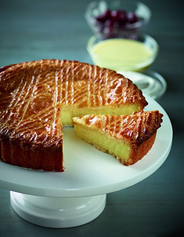 Gâteau basque with brandied cherries, vanilla crème anglaise