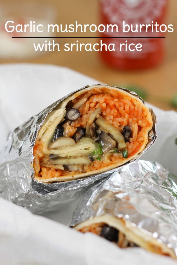 Garlic mushroom burritos with sriracha rice