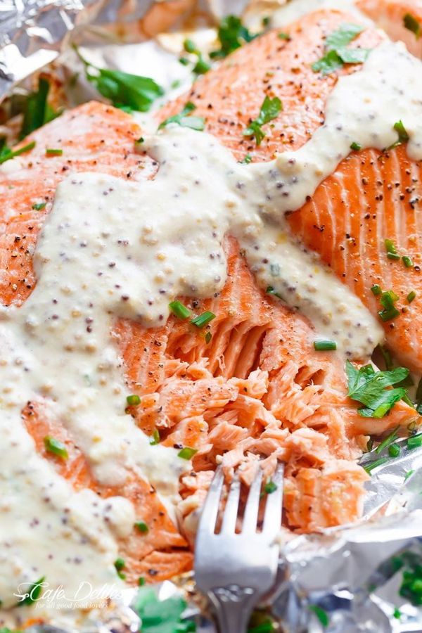 Garlic Salmon in Foil With Honey Mustard Cream Sauce