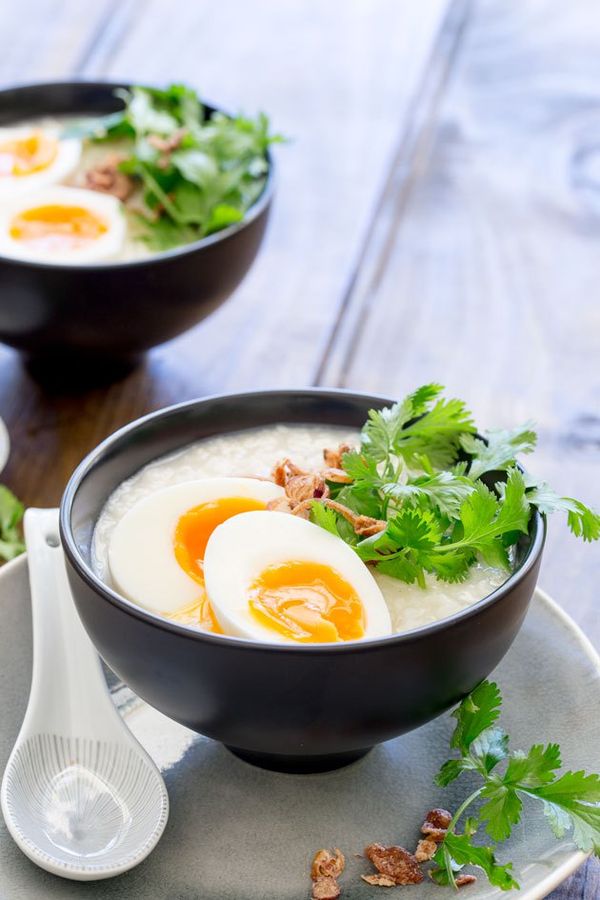 Ginger Congee with Egg and Crispy Shallots