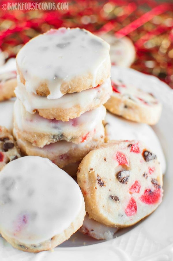 Glazed Cherry Chocolate Chip Shortbread Cookies