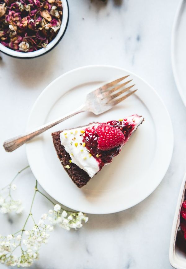 Gluten-Free Olive Oil Chocolate Cake with Raspberry Rose Preserves