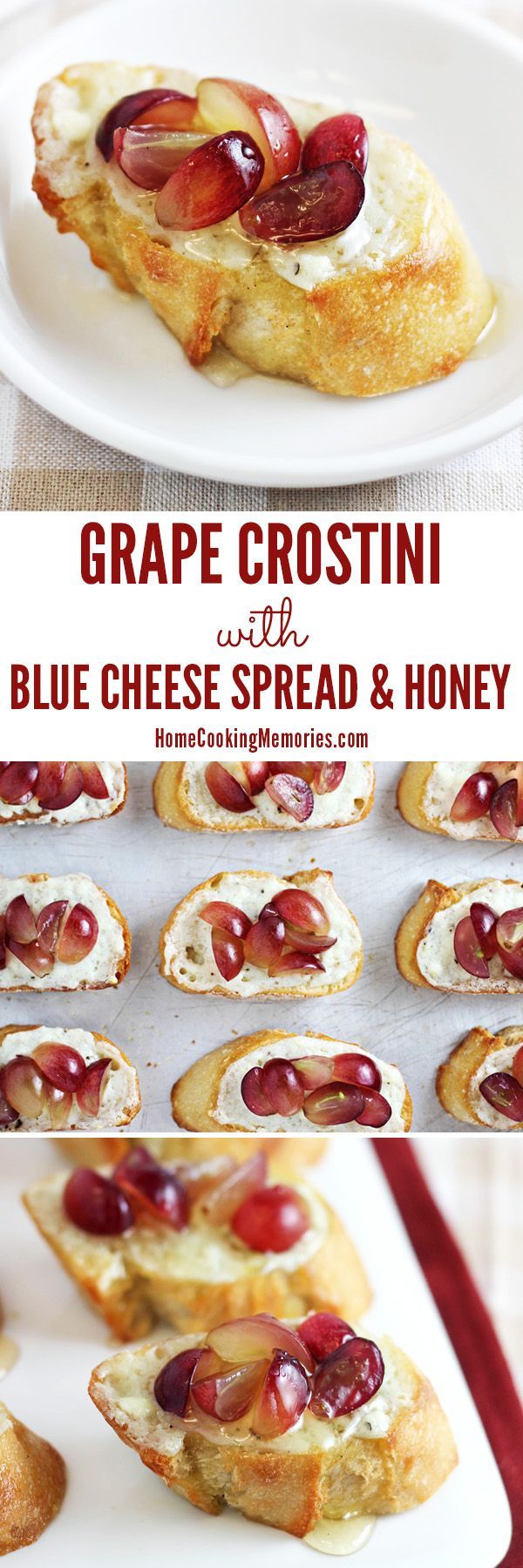 Grape Crostini Appetizer with Blue Cheese Spread and Honey