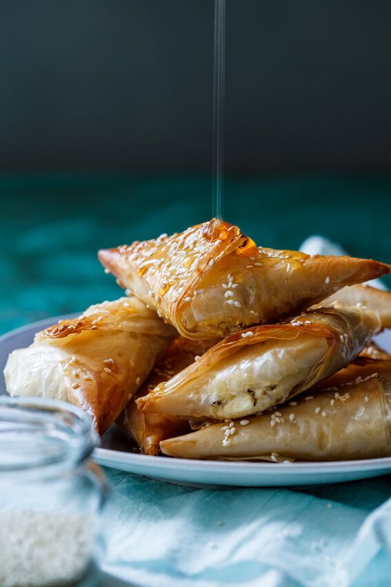 Greek Feta and phyllo pies with honey and oregano