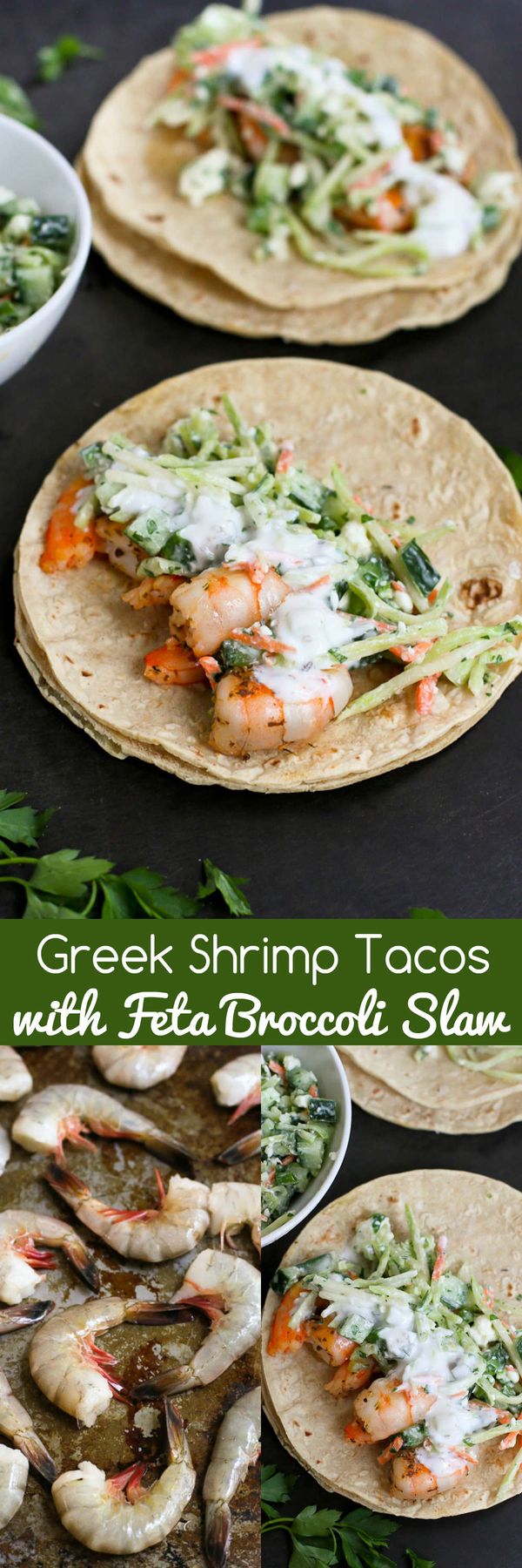 Greek Shrimp Tacos Recipe with Feta Broccoli Slaw