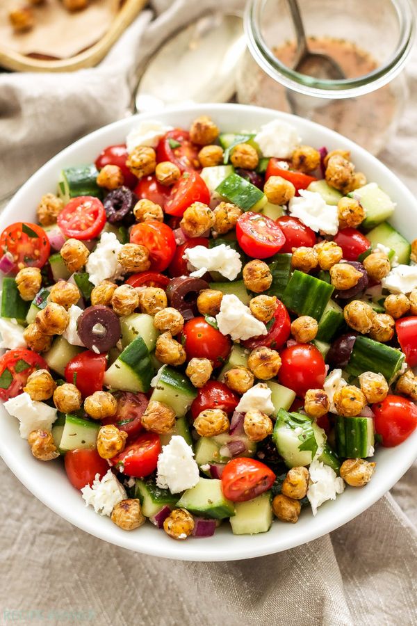 Greek Tomato Cucumber Salad with Crispy Chickpeas