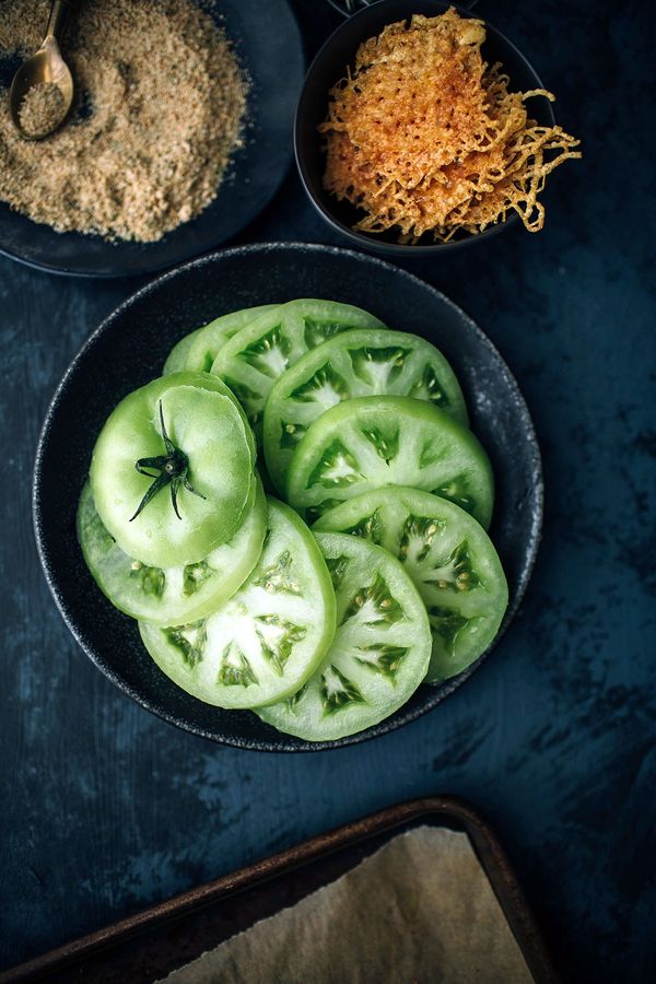 Green Tomato Parmesan Stacks with Red Pesto