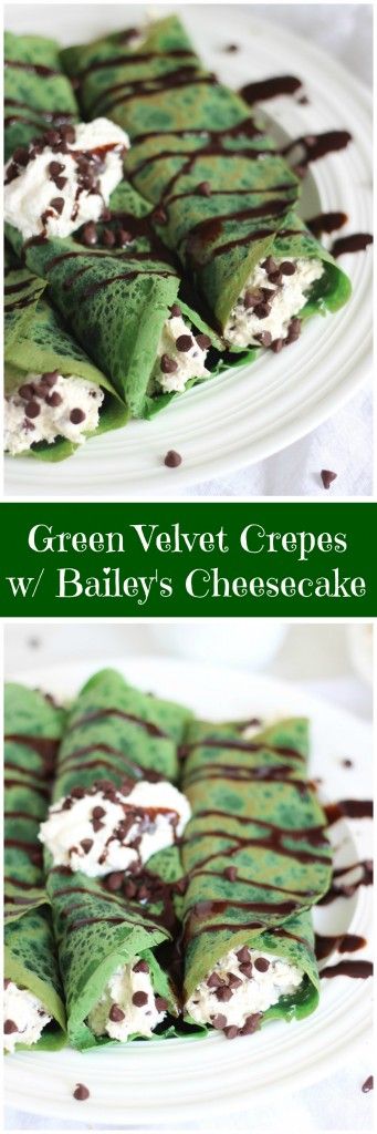 Green Velvet Crepes with Bailey's Chocolate Chip Cheesecake Filling