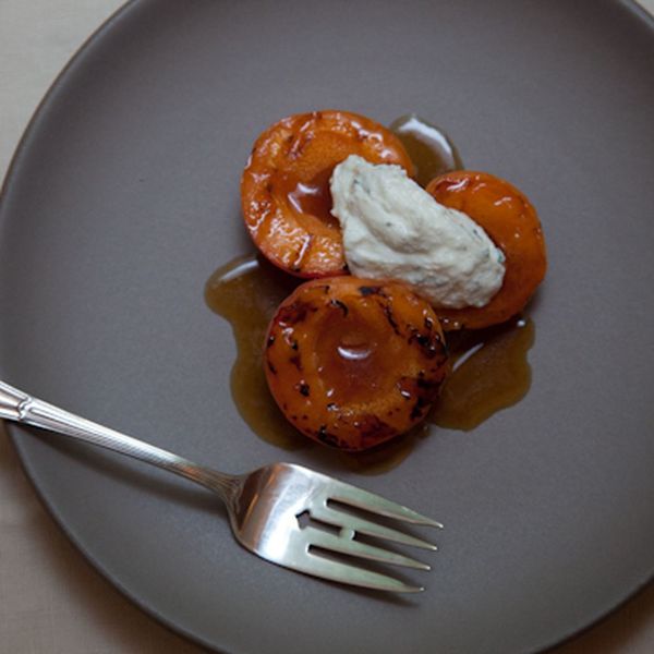 Grilled Apricots with Whipped Ricotta, Basil and Sherry Vinegar Syrup