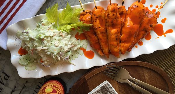 Grilled Buffalo Tenders, Blue Cheese Celery Slaw