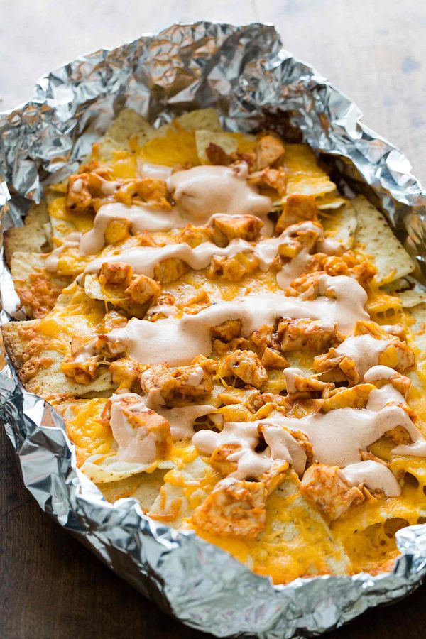 Grilled Chicken Nachos in Foil with Sour Cream BBQ Sauce