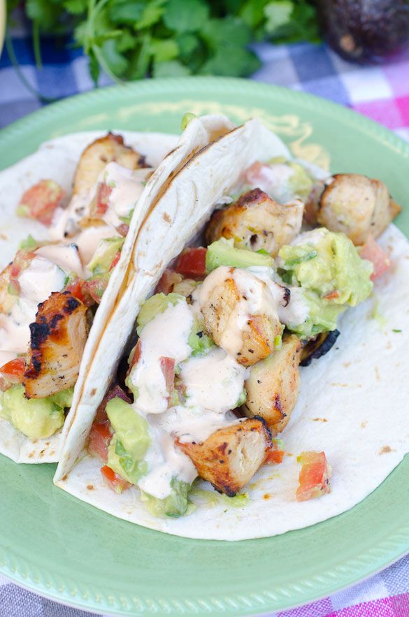 Grilled Chicken Soft Tacos with Spiced Mayo and Avocado Salsa