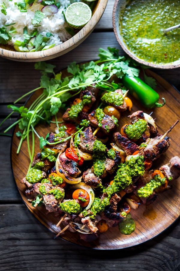 Grilled chilean beef skewers w/ smokey chimichurri