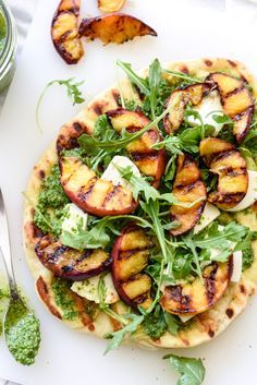 Grilled Flatbread with Peaches and Arugula Pesto