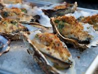 Grilled Oysters Rockefeller with Baby Spinach Bacon Fondue