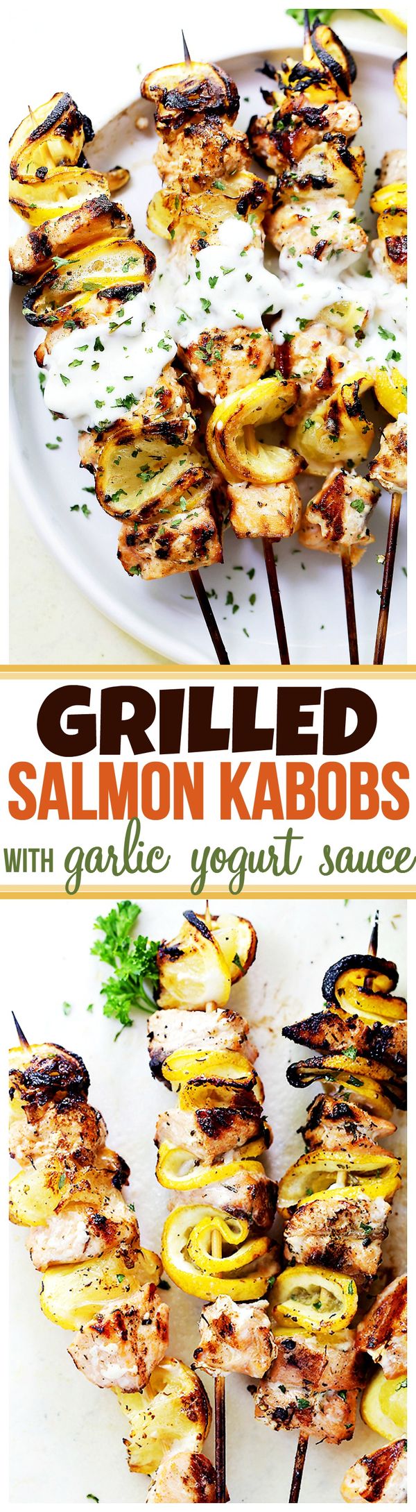 Grilled Salmon Kabobs with Garlic Yogurt Sauce