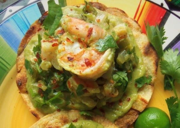 Grilled Shrimp Tostadas with a Creamy Tomatillo Avocado Salsa