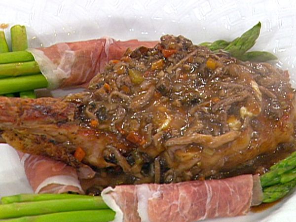 Grilled Veal Chops with Herb Cheese, Wild Mushroom-Tomato Bordelaise and Prosciutto-wrapped Asparagus