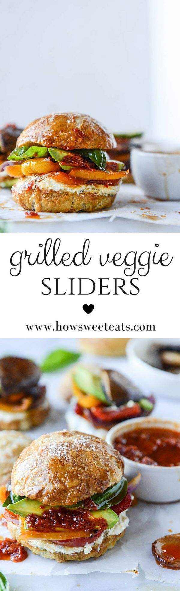 Grilled Veggie Sliders with Goat Cheese Spread and Roasted Red Pepper Vinaigrette