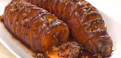 Hasselback maple pecan sweet potatoes