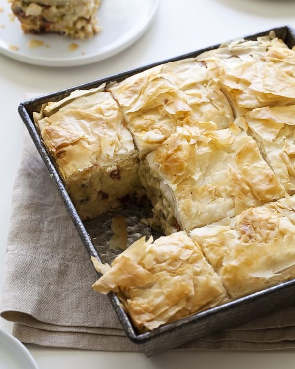 Havarti and Jarlsberg Chicken Phyllo Pie with Olives, Capers, and Sun-dried Tomatoes