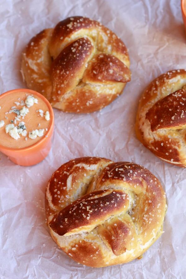 Homemade Soft Pretzels with Buffalo Cheddar Cheese Sauce